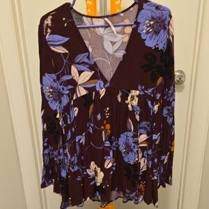 Free People Floral V-Neck Blouse in Purple and Blue
